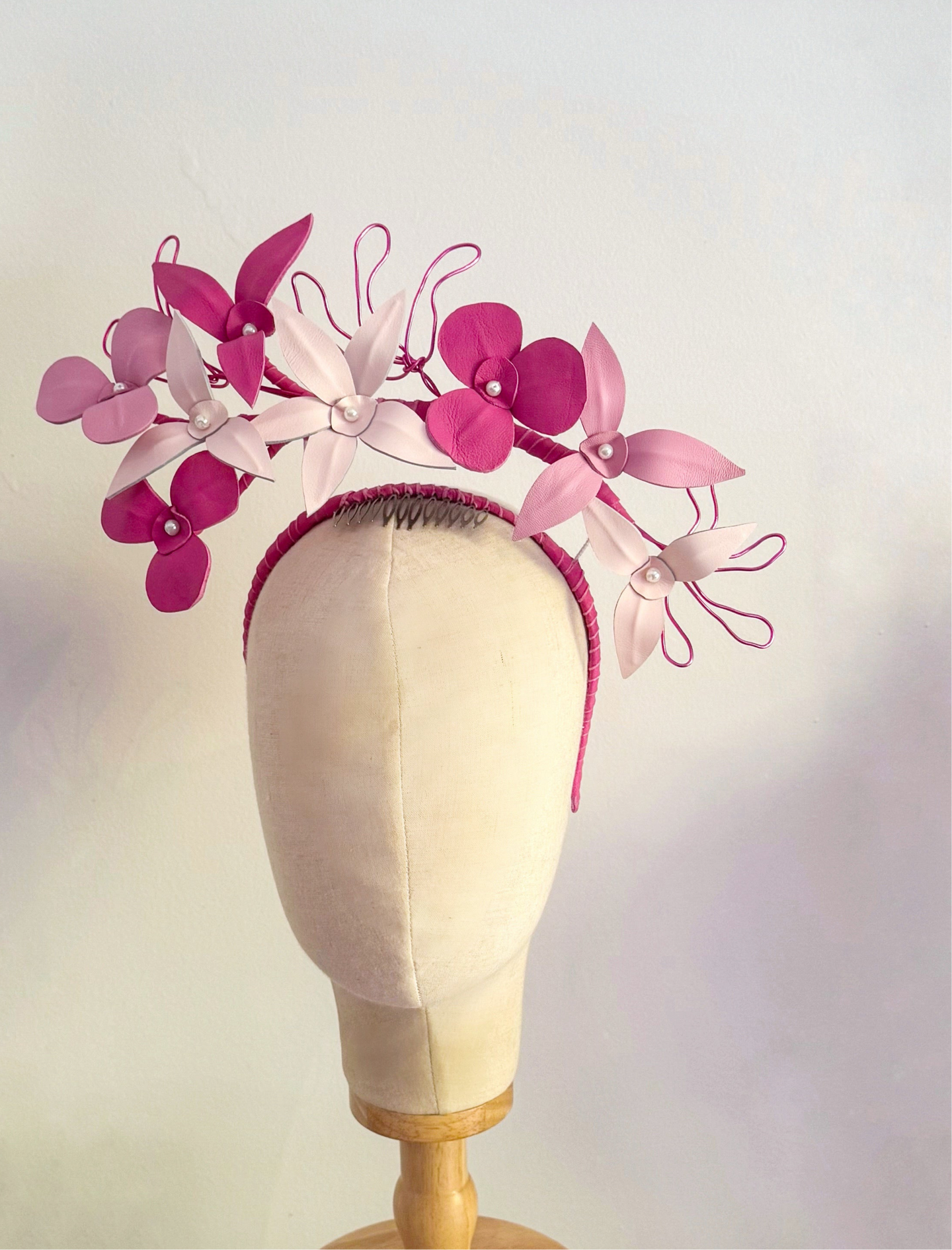 Floating Leather  halo headpiece -multi pinks