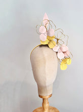Load image into Gallery viewer, Leather and wirework floral  headpiece - pink and yellow
