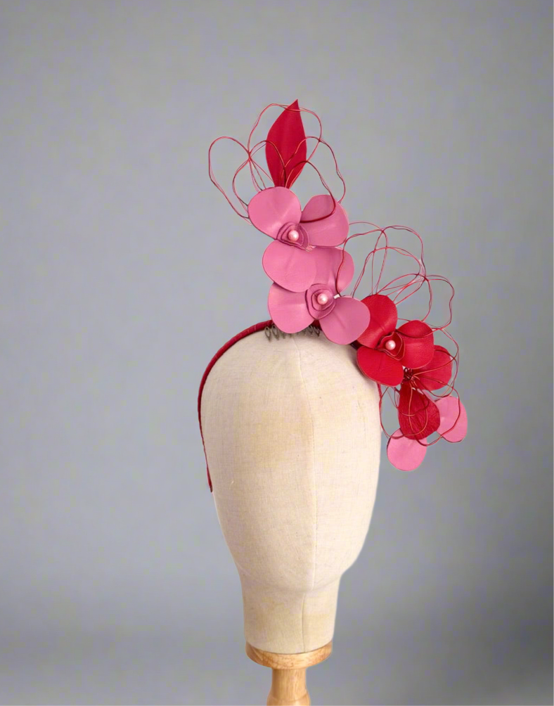 leather floral headpiece - red and pink