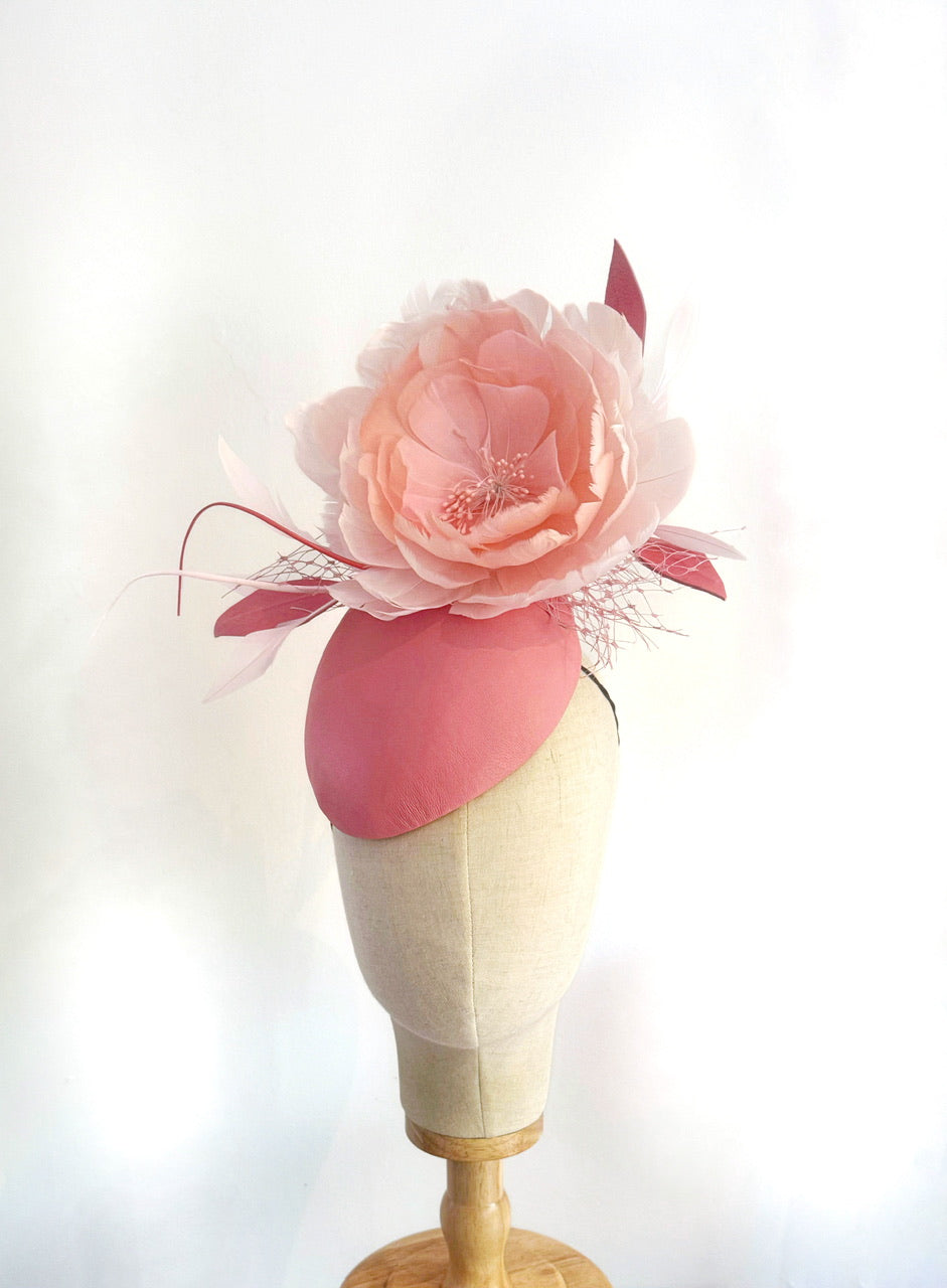 Rosie  feather flower hat - coral pinks