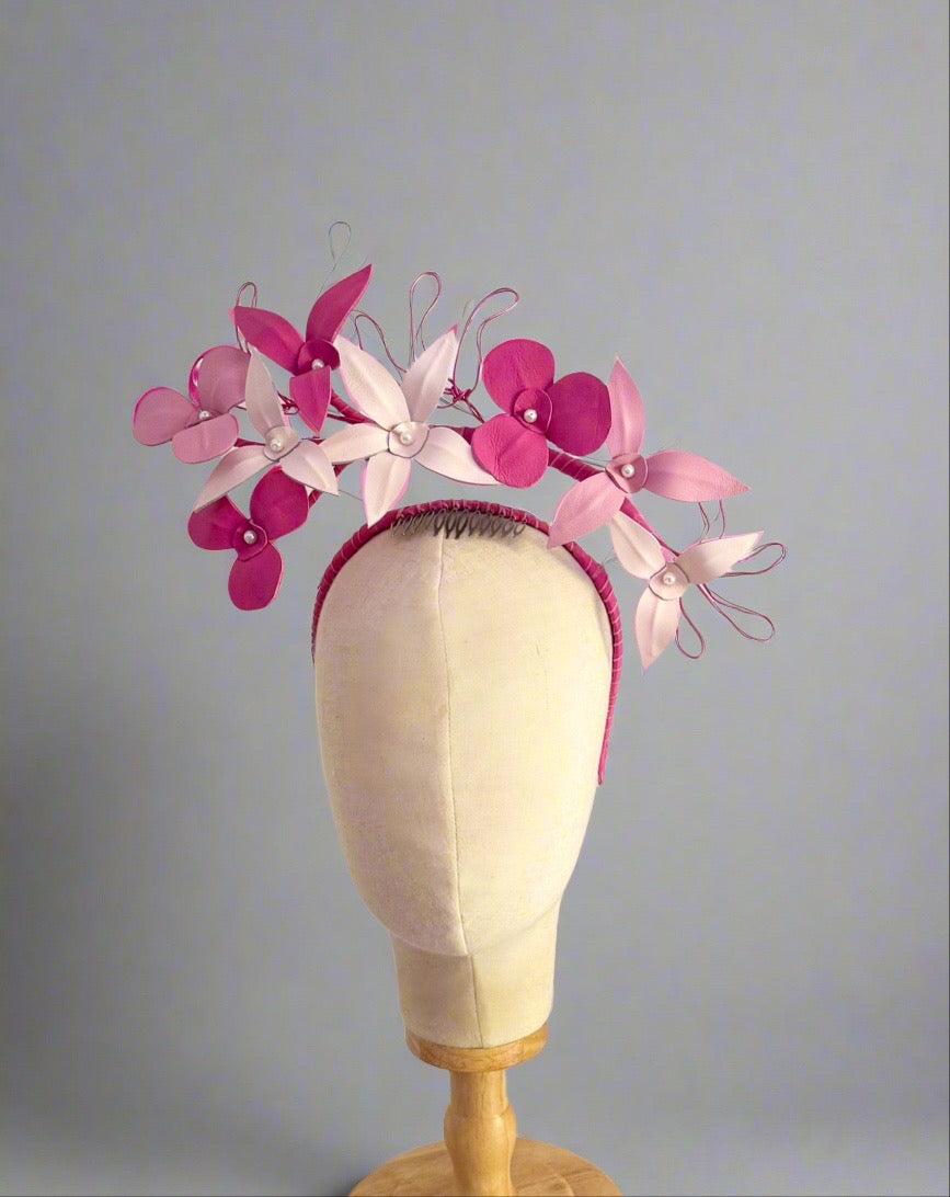 Floating Leather  halo headpiece -multi pinks