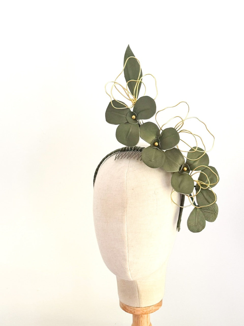 Olive green and Gold  leather floral headpiece