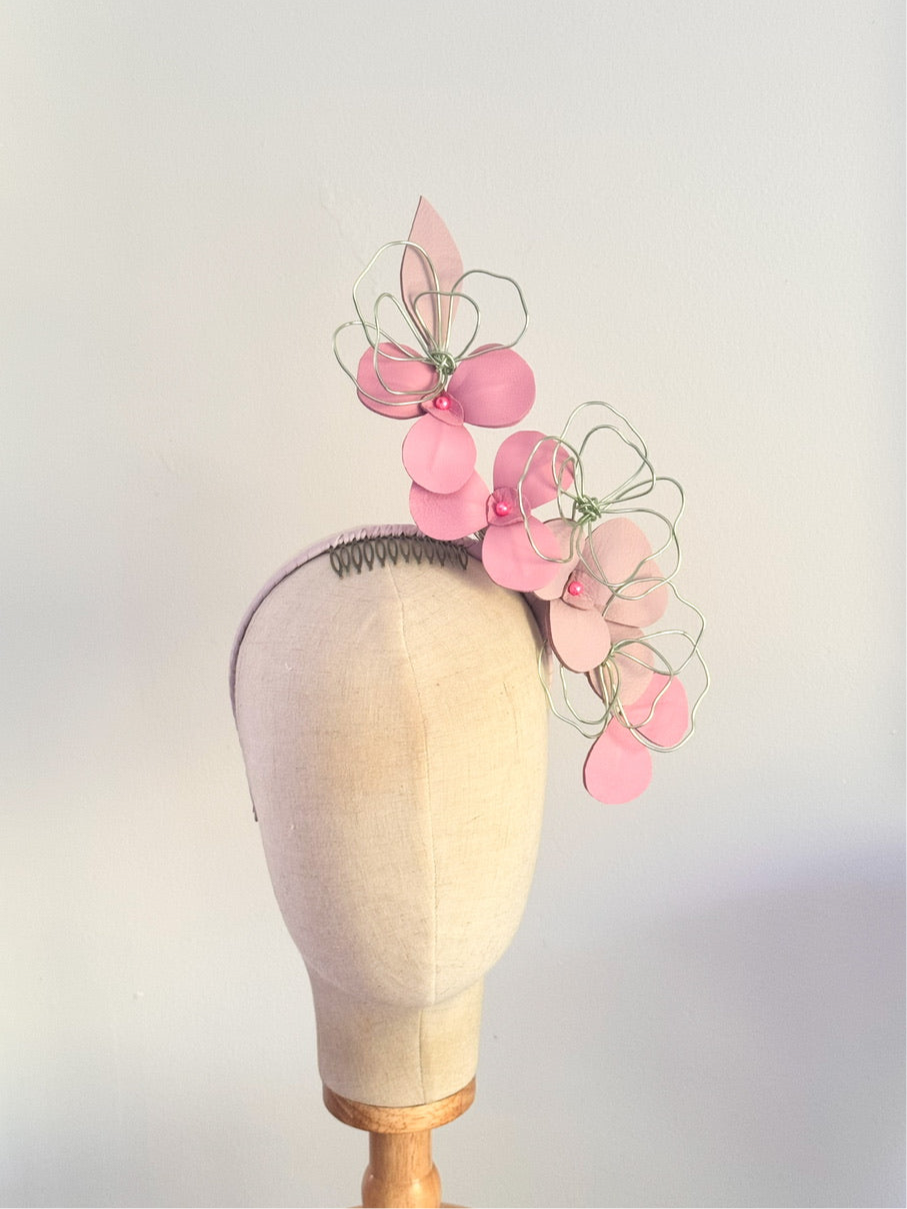 leather floral headpiece - pink and green