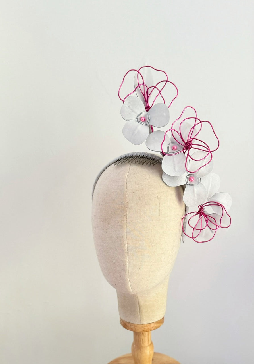 White and pink leather floral headpiece