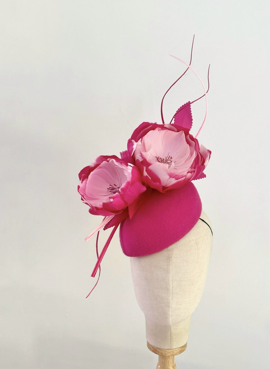 Larissa  felt hat with feather blooms - all the pinks